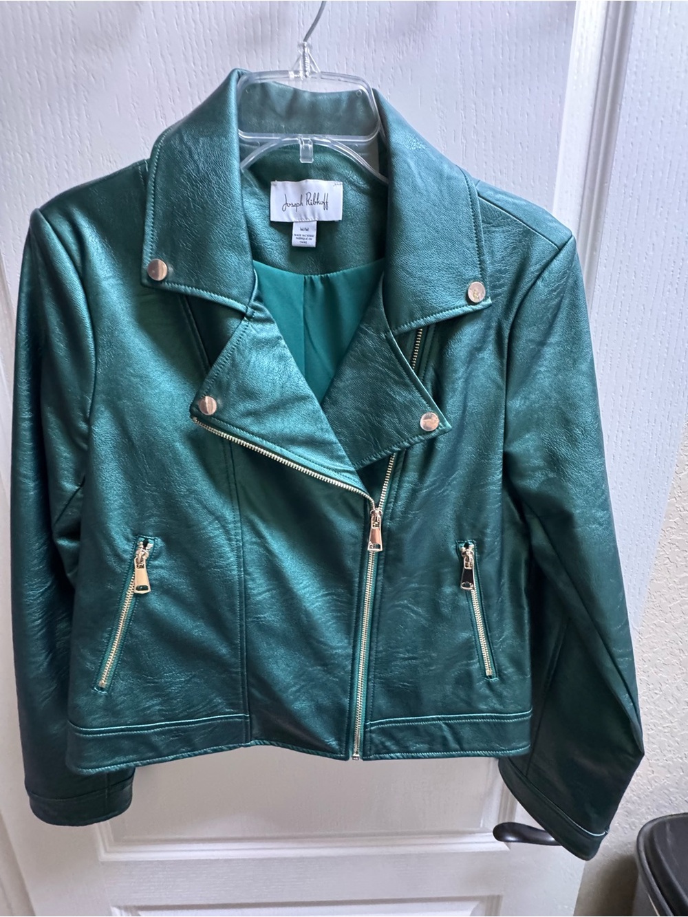 Joseph Ribkoff Emerald Metallic Green Vegan Leather Moto Jacket
